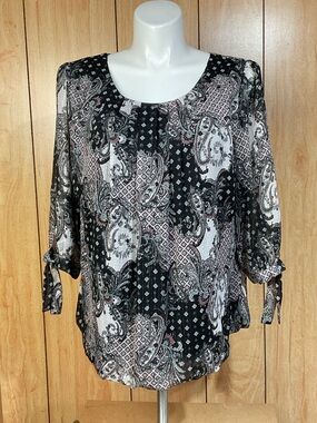 Roz & Ali Black Paisley Tie-Sleeve Blouse with Pink Accents SZ - 1X
